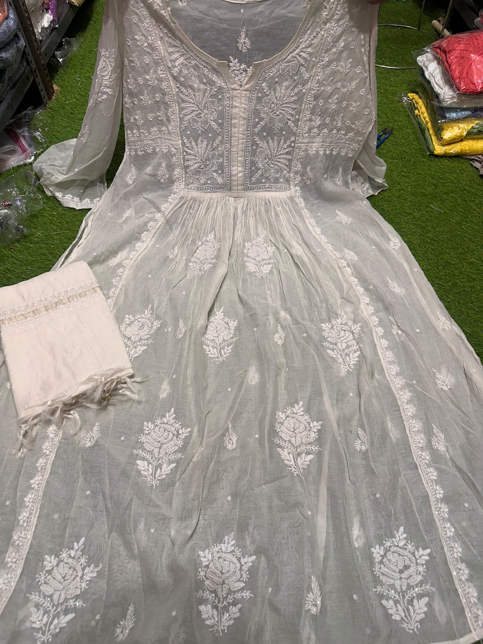 Dyeable Semi-Stitched Mul Chanderi Gown with Handwork & Adda Work