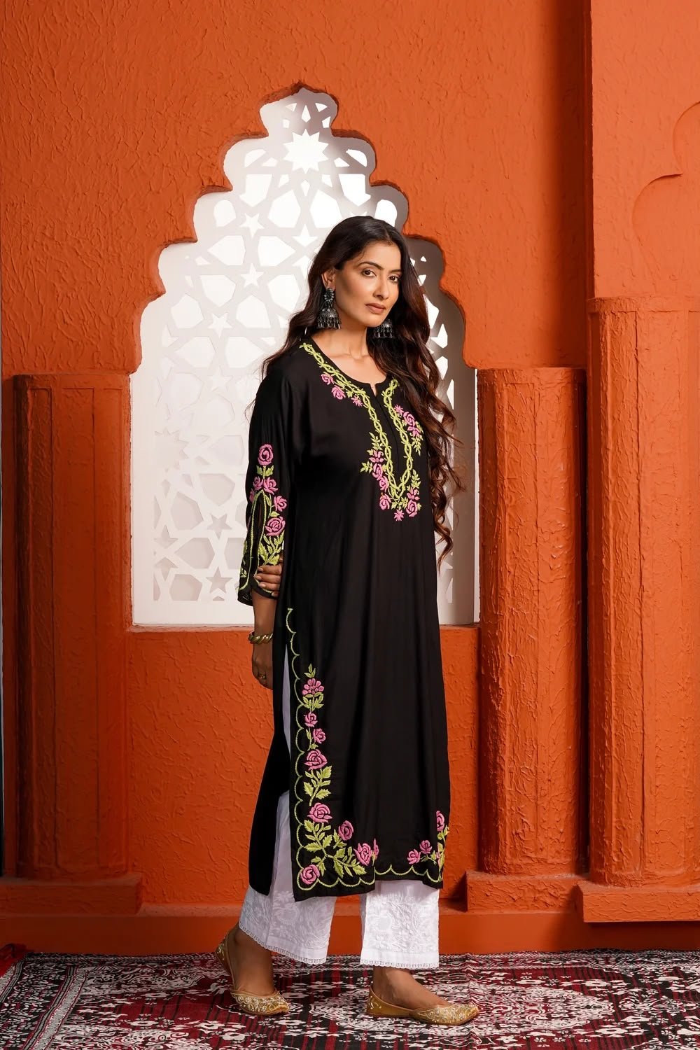 Premium Black Thread Embroidery Rayon Straight Kurti