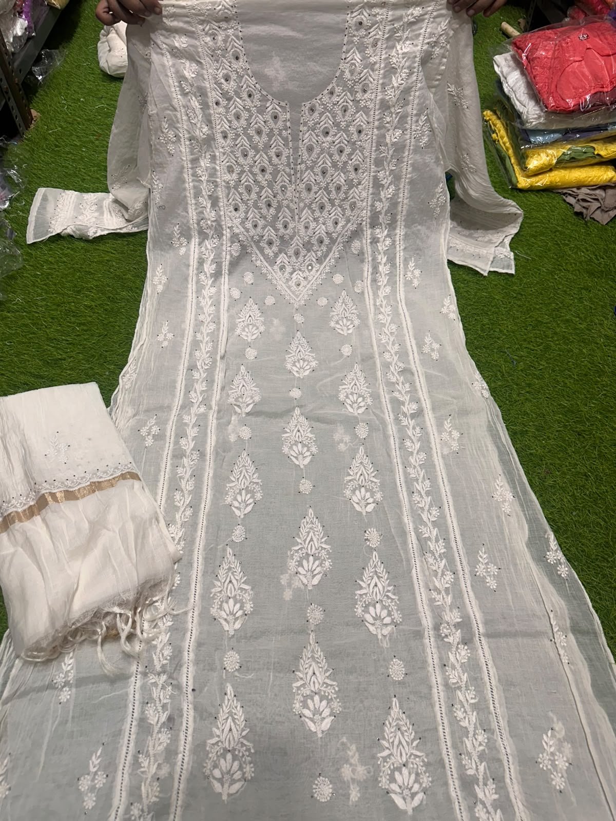 Dyeable Semi-Stitched Panel Suit with Handwork and Mukaish Work