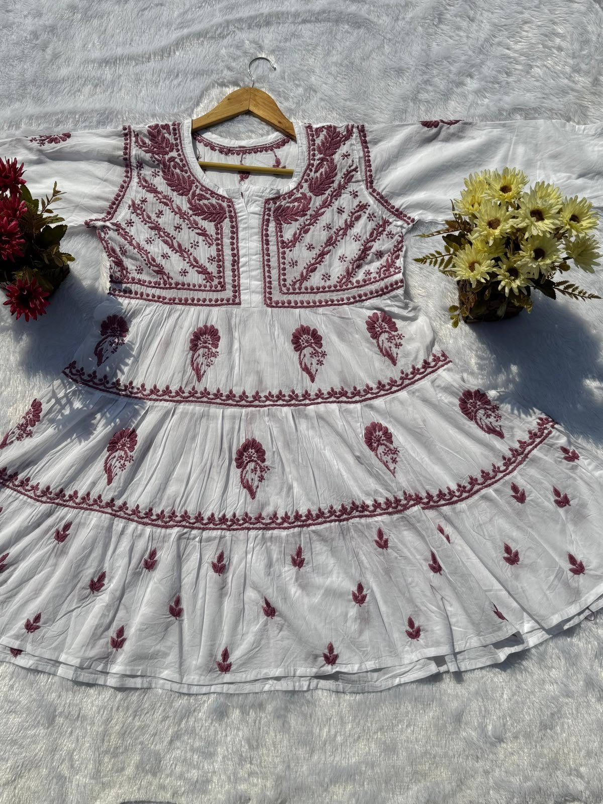 Exclusive White Base Colorful Threadwork Mulmul Short Frock Kurti