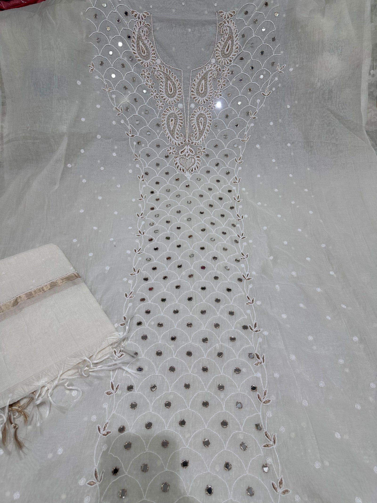 Premium Semi Stitched Mulchandri Top And Dupatta With Mirror Pearl Work